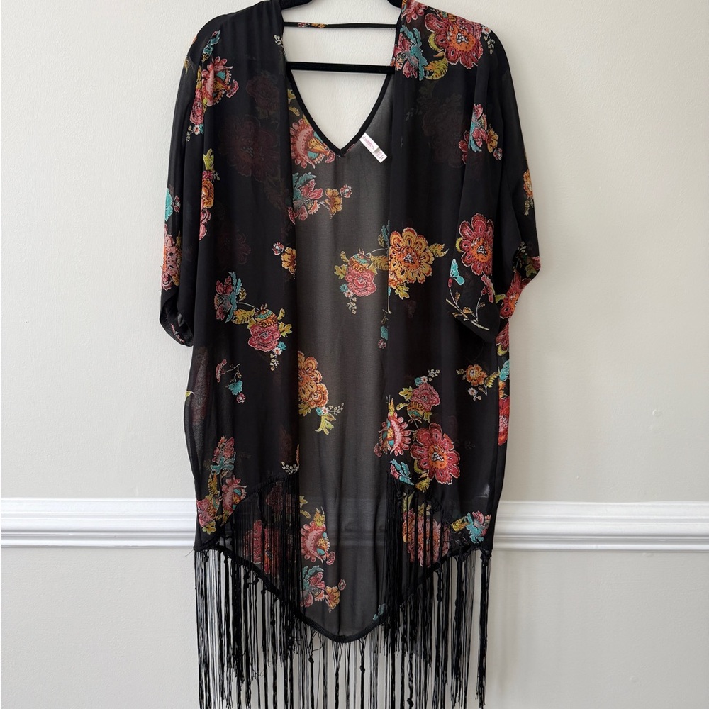 Xhilaration Black Floral Kimono with Fringe